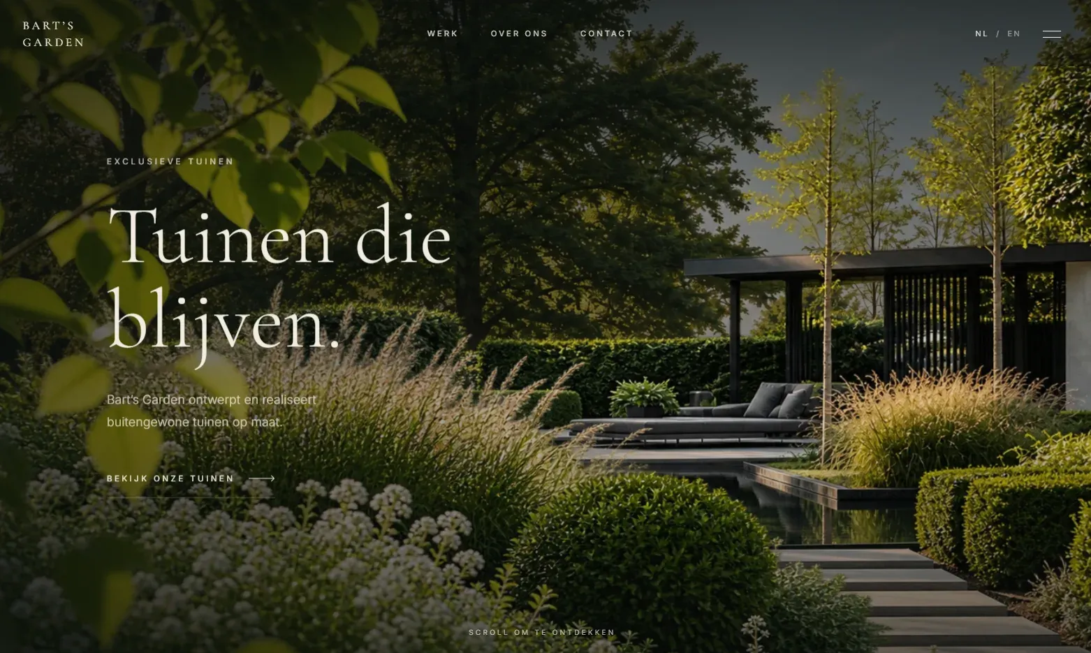 Homepage van Bart's Garden, een conceptproject voor een tuinontwerper, met de hero 'Tuinen die blijven.'