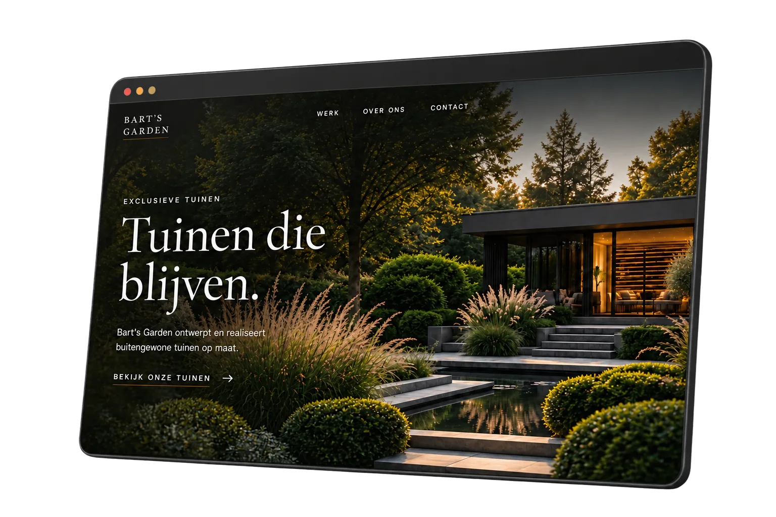 Tablet-mockup van de homepage van Bart's Garden, een conceptproject voor een tuinontwerper, met de hero 'Tuinen die blijven.'